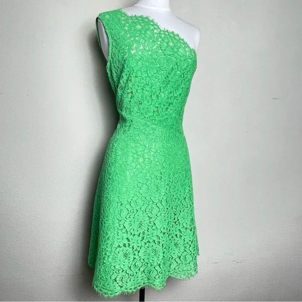 Shoshanna Lace Dress ‘Maia’ Sz: 4 | One Shoulder | Green Summer Cocktail Party - Picture 4 of 16